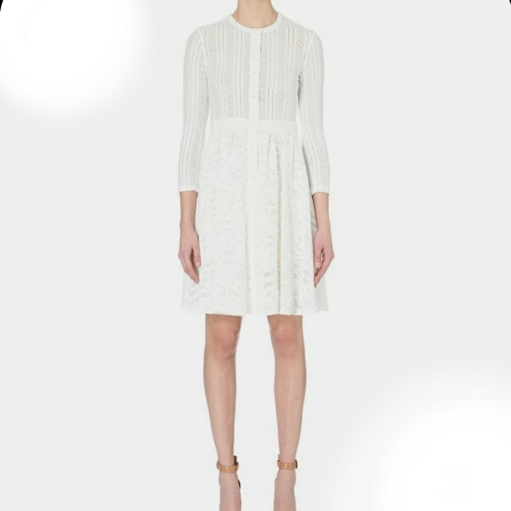 NWT Maje Roxo Ecru White Lace Button Down Round Neck Long Sleeve Dress 3/40/L